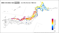 積雪の深さ（現在の値）平年比の分布図