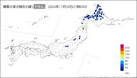 積雪の深さ（現在の値）平年比の分布図