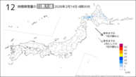 今日の12時間降雪量の日最大値の分布図