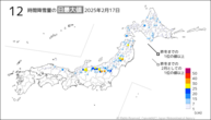 17日の12時間降雪量の日最大値の分布図