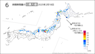 18日の6時間降雪量の日最大値の分布図