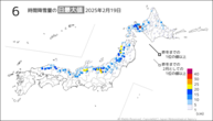 19日の6時間降雪量の日最大値の分布図