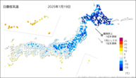 19日の最低気温の分布図