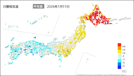 11日の最低気温平年差の分布図