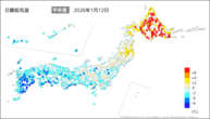 12日の最低気温平年差の分布図