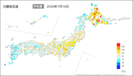 14日の最低気温平年差の分布図