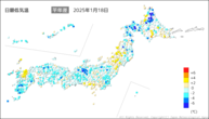 18日の最低気温平年差の分布図