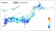 9日の最低気温平年差の分布図