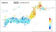 10日の最低気温平年差の分布図