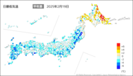 19日の最低気温平年差の分布図