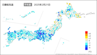 21日の最低気温平年差の分布図