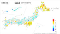 17日の最低気温平年差の分布図