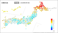 9日の最低気温平年差の分布図