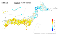 29日の最低気温平年差の分布図