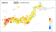20日の最低気温平年差の分布図