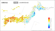 24日の最低気温平年差の分布図