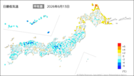 13日の最低気温平年差の分布図