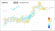 14日の最低気温平年差の分布図