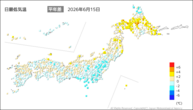 15日の最低気温平年差の分布図