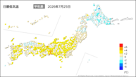 25日の最低気温平年差の分布図