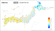 27日の最低気温平年差の分布図