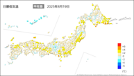 昨日の最低気温平年差の分布図