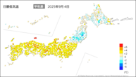 4日の最低気温平年差の分布図
