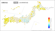 6日の最低気温平年差の分布図