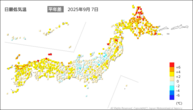 7日の最低気温平年差の分布図