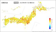 今日の最低気温平年差の分布図