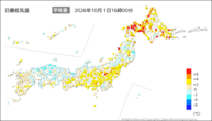 今日の最低気温平年差の分布図