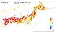 19日の最低気温平年差の分布図