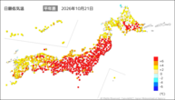 21日の最低気温平年差の分布図