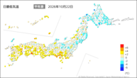 22日の最低気温平年差の分布図