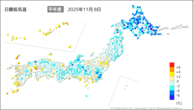 8日の最低気温平年差の分布図
