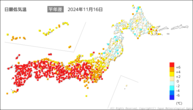 16日の最低気温平年差の分布図