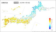 一昨日の最低気温平年差の分布図