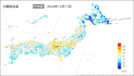 16日の最低気温平年差の分布図