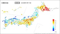 11日の最低気温前日差の分布図