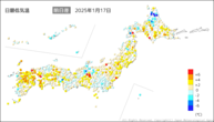 17日の最低気温前日差の分布図