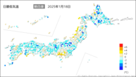 18日の最低気温前日差の分布図