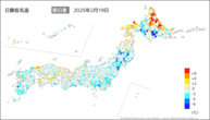 19日の最低気温前日差の分布図