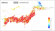 10日の最低気温前日差の分布図