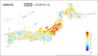 1日の最低気温前日差の分布図