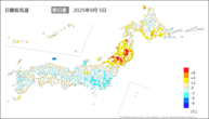 5日の最低気温前日差の分布図