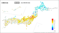 8日の最低気温前日差の分布図