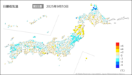 昨日の最低気温前日差の分布図