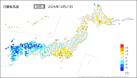 21日の最低気温前日差の分布図