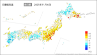 6日の最低気温前日差の分布図