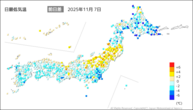 7日の最低気温前日差の分布図